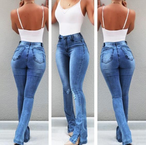 Slitna Stretch Jeans för Dam – Bekväma, Slimmande & Trendigt Slitna Denimbyxor