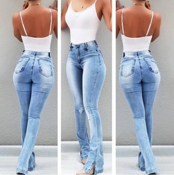 Slitna Stretch Jeans för Dam – Bekväma, Slimmande & Trendigt Slitna Denimbyxor