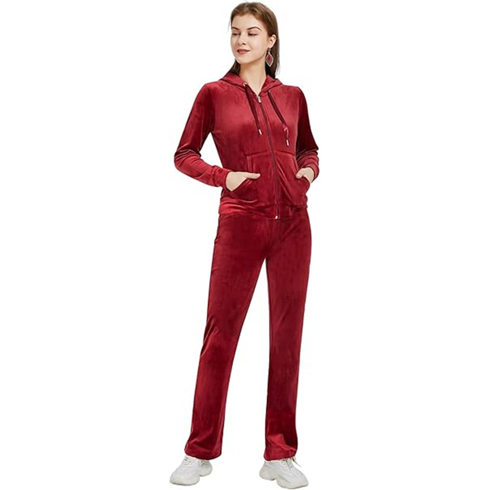 Huvtröja med dragkedja & vida byxor, tvådelat - Velour