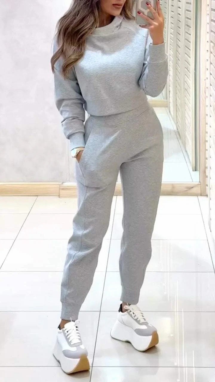 2-delad Outfit – Långärmad Topp & Byxor med Fickor