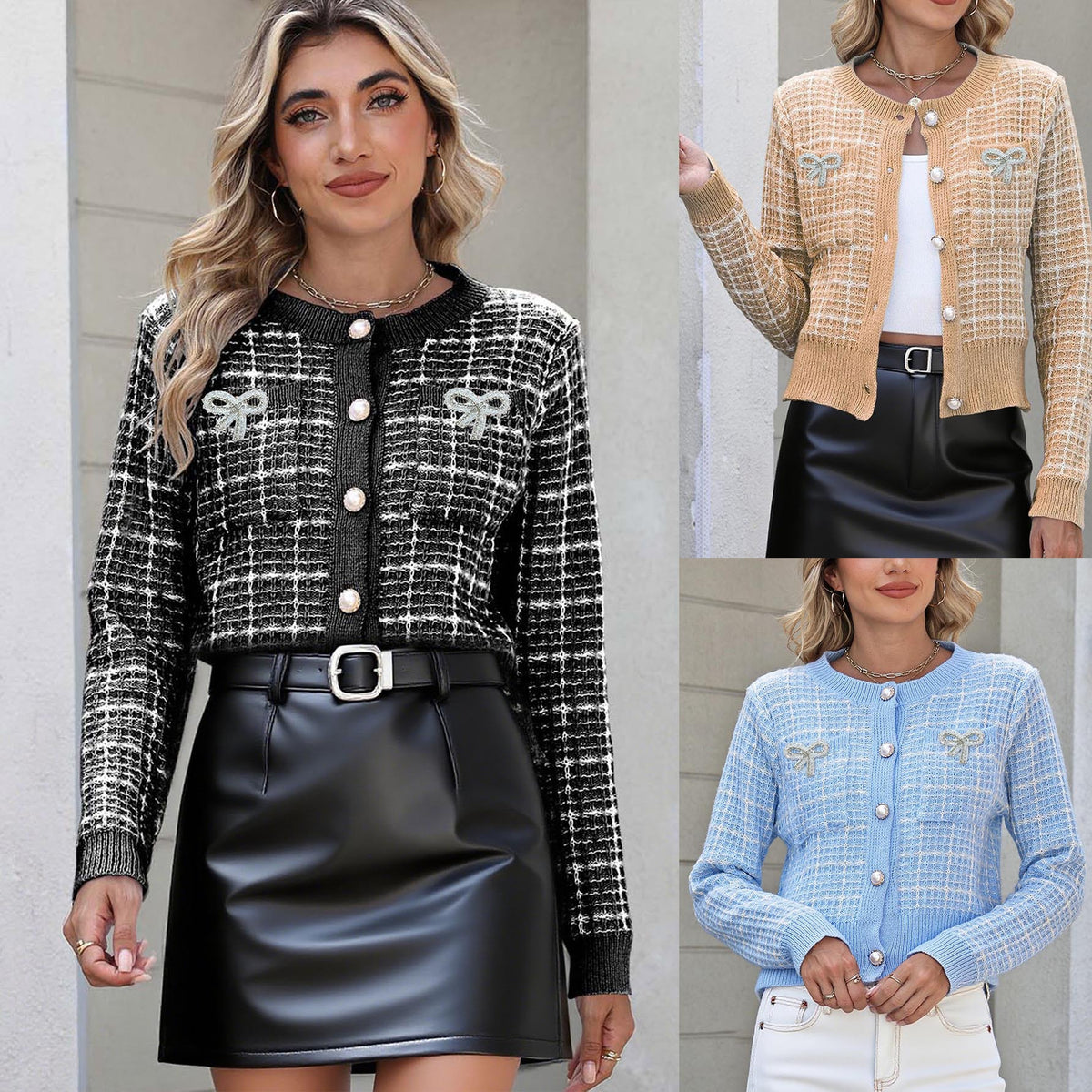 Stickad Kofta Dam – Trendig Cardigan med Rosett & Pärldetaljer